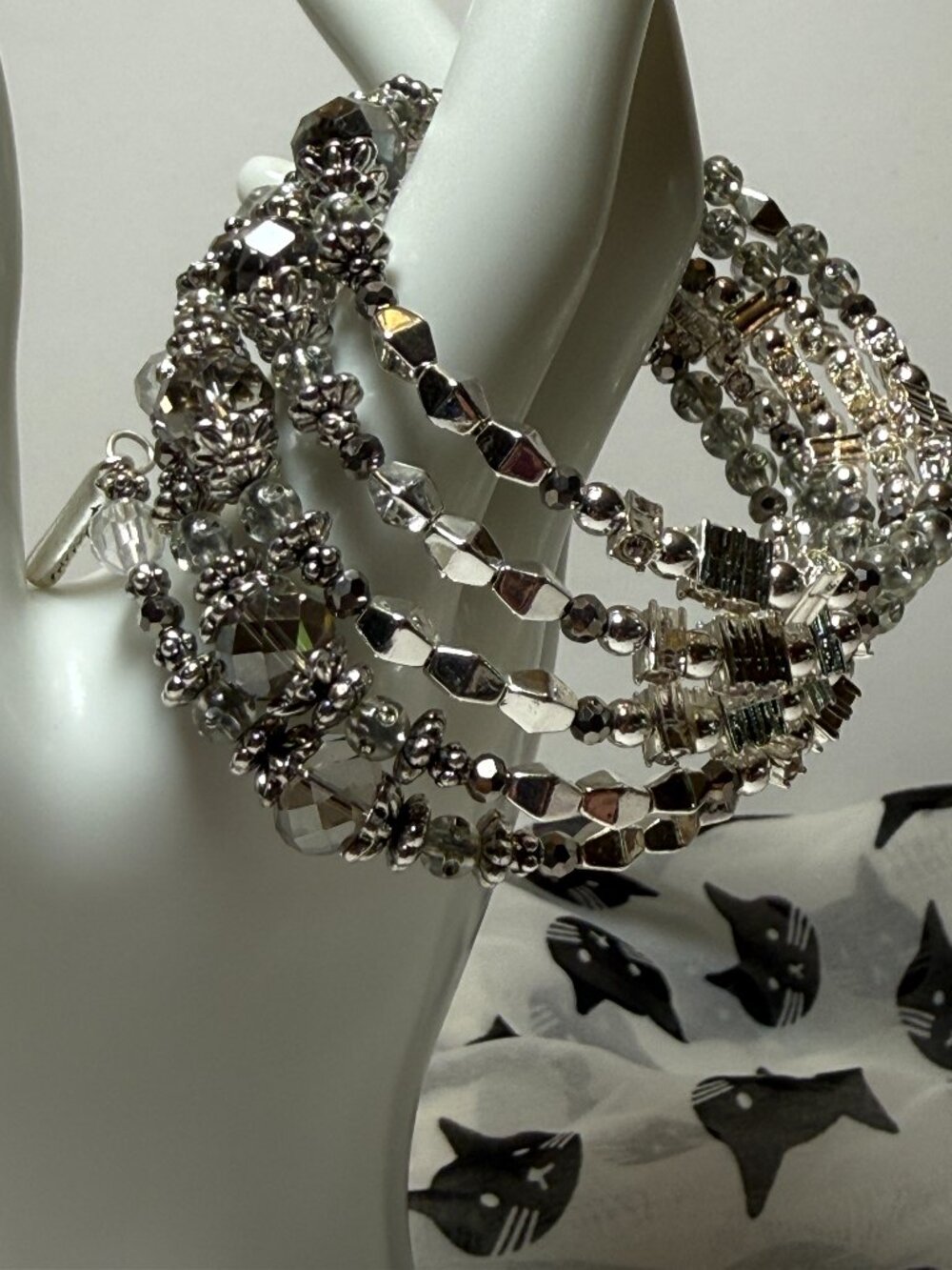 Coiled Beaded Silver Tone Bracelet Engraved Faith Hope